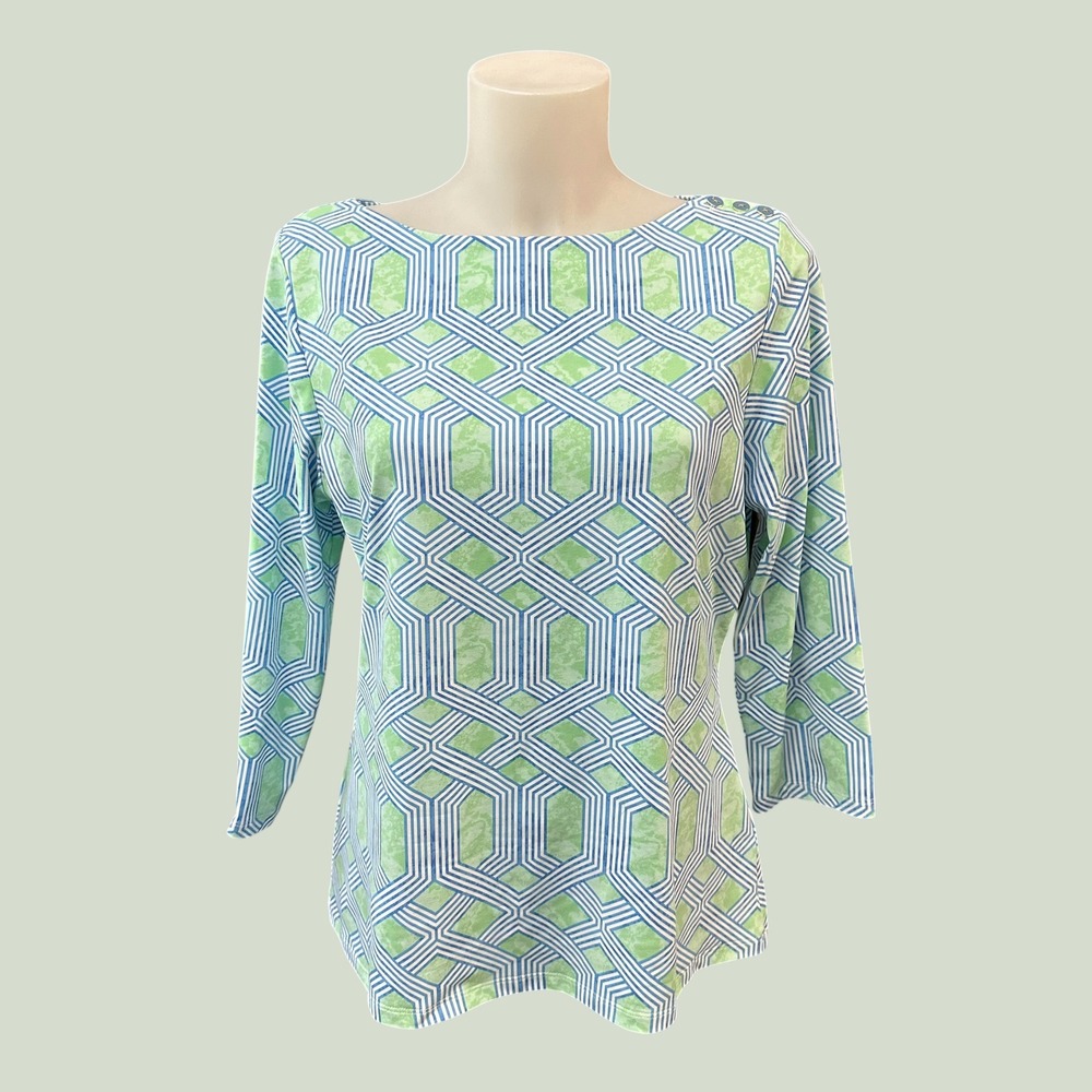 J. Mclaughlin Womens McKenzie Geometric Print Green Blue 3/4 Sleeve Blouse sz L